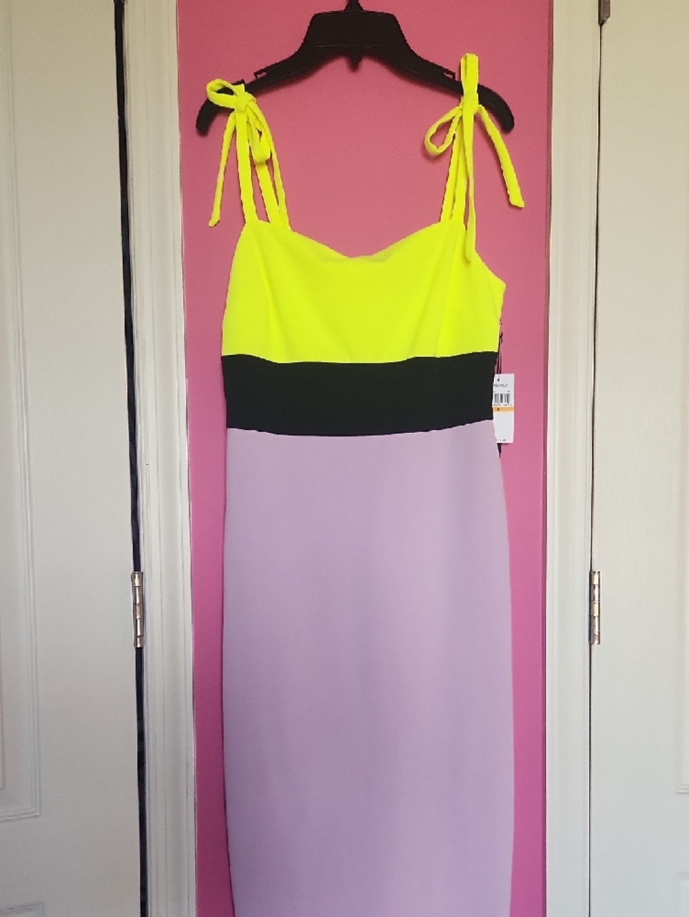 Christian Siriano Neon Yellow, Black & Lavender Tie-Shoulder Midi Dress - Picture 13 of 13